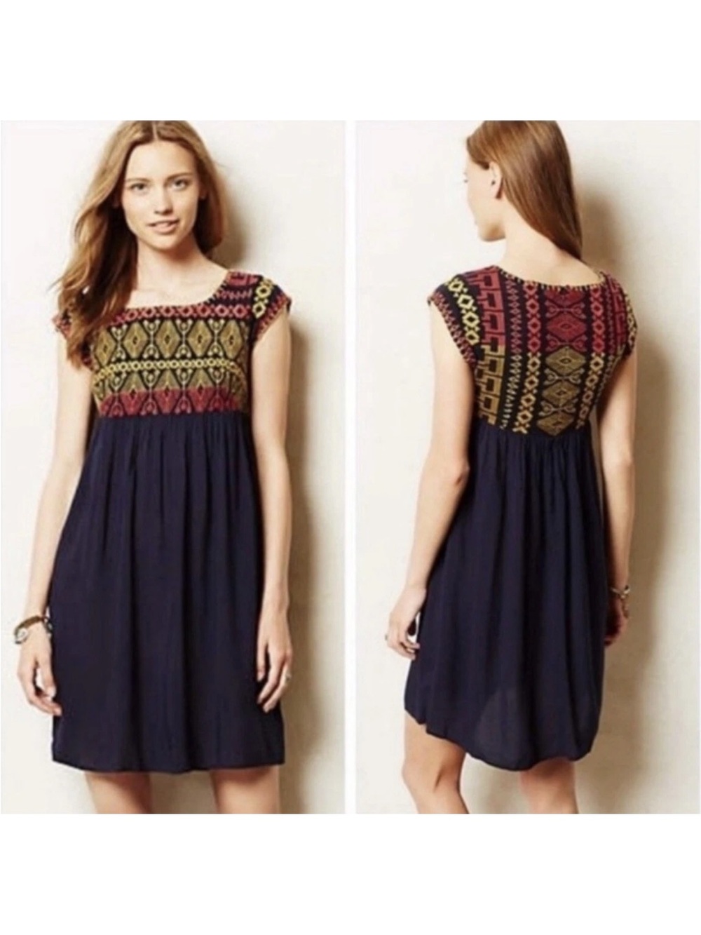 Anthropologie Edme & Esyllte Womens A Line Dress Blue Aztec Embroidered Zip S